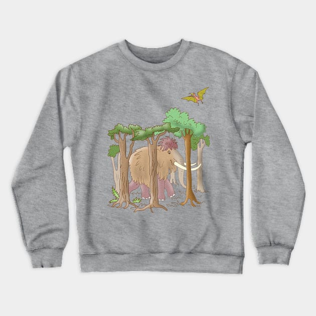 siesh cartoon mammoth in the forest and pterodactyl Crewneck Sweatshirt by sonaart